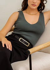 Stretchy Sleeveless Vneck Ribbed Top Dark Green