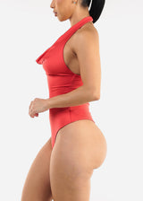 Halter Open Back Cowl Neck Bodysuit Red Orange