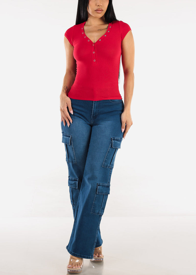 Short Sleeve Vneck Ribbed Stretch Top Red