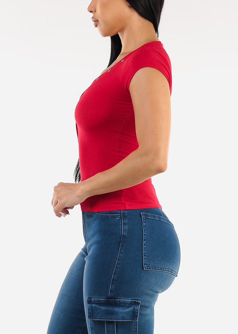Short Sleeve Vneck Ribbed Stretch Top Red