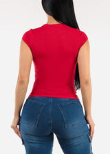 Short Sleeve Vneck Ribbed Stretch Top Red