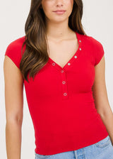 Short Sleeve Vneck Ribbed Stretch Top Red