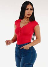 Short Sleeve Vneck Ribbed Stretch Top Red