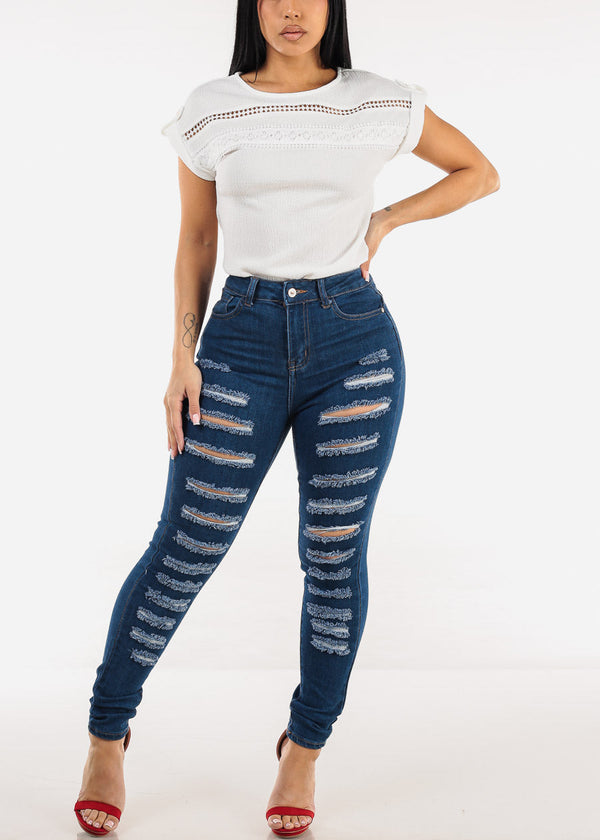 Short Sleeve White Stretchy Blouse w Lace Trim