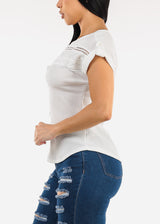 Short Sleeve White Stretchy Blouse w Lace Trim