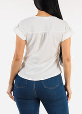 Short Sleeve White Stretchy Blouse w Lace Trim