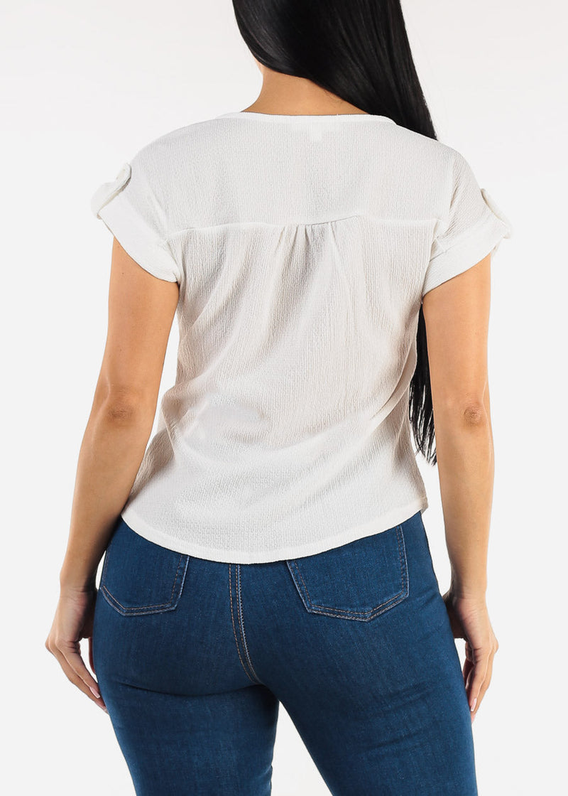 Short Sleeve White Stretchy Blouse w Lace Trim