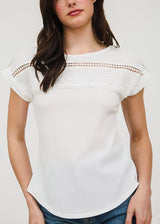 Short Sleeve White Stretchy Blouse w Lace Trim