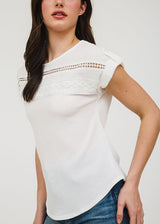 Short Sleeve White Stretchy Blouse w Lace Trim
