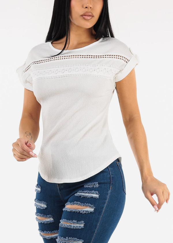 Short Sleeve White Stretchy Blouse w Lace Trim