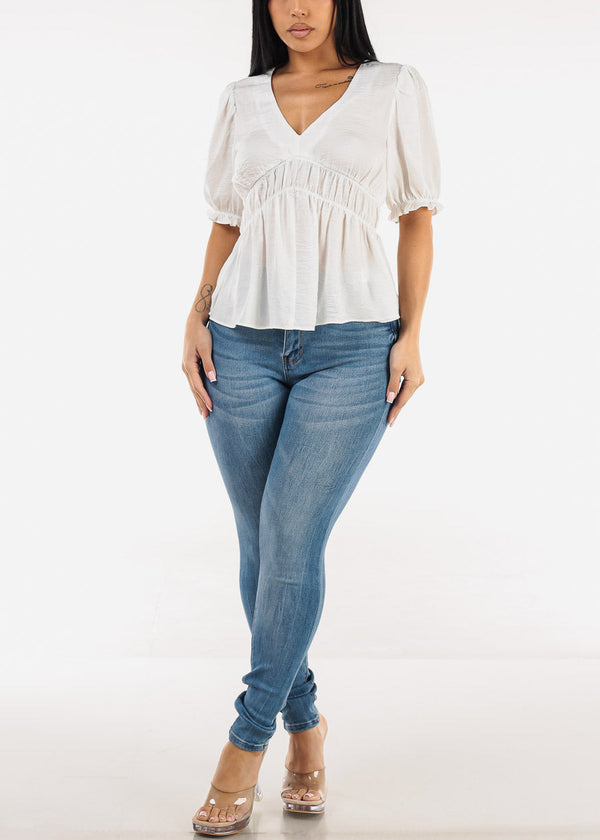 Short Sleeve Vneck White Blouse w Shirring Detail