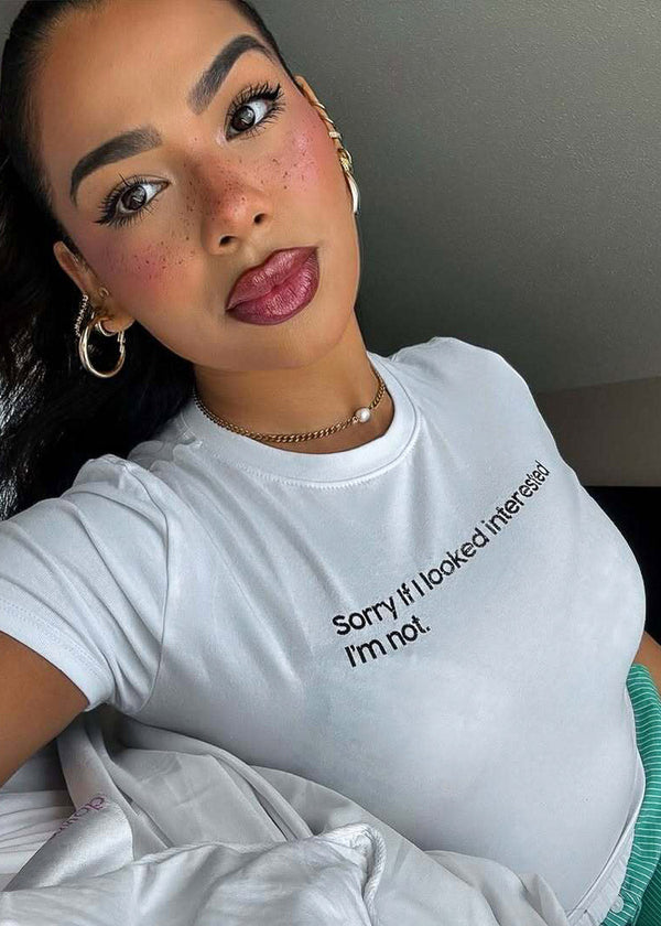 White Short Sleeve Graphic Crop Top "Sorry"