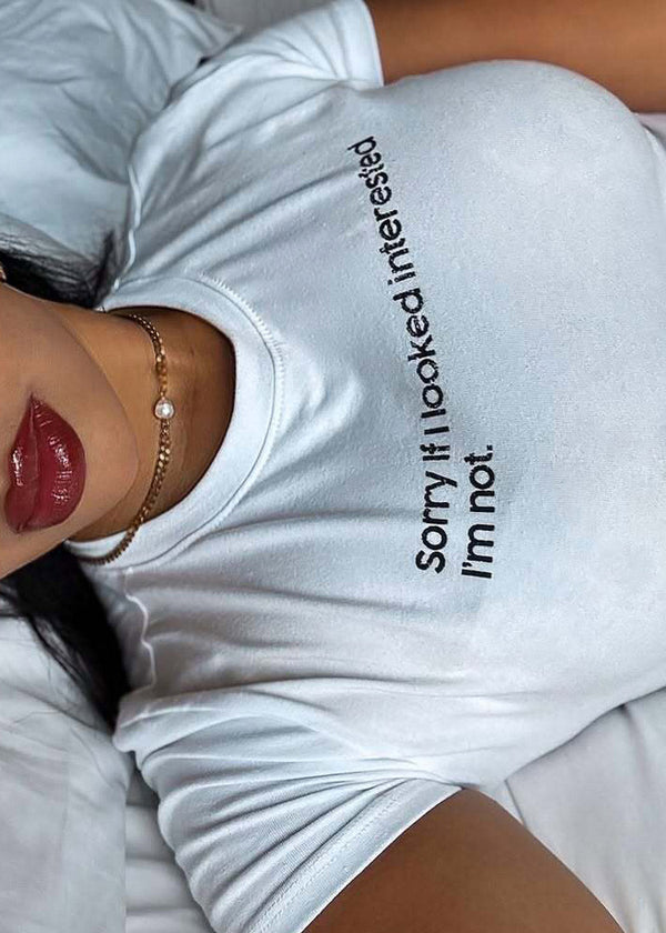 White Short Sleeve Graphic Crop Top "Sorry"