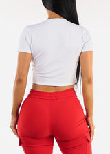 White Short Sleeve Graphic Crop Top "Sorry"