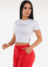 White Short Sleeve Graphic Crop Top "Sorry"