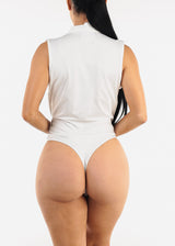 Stretchy Sleeveless Surplice Thong Bodysuit White