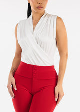 Stretchy Sleeveless Surplice Thong Bodysuit White