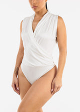 Stretchy Sleeveless Surplice Thong Bodysuit White