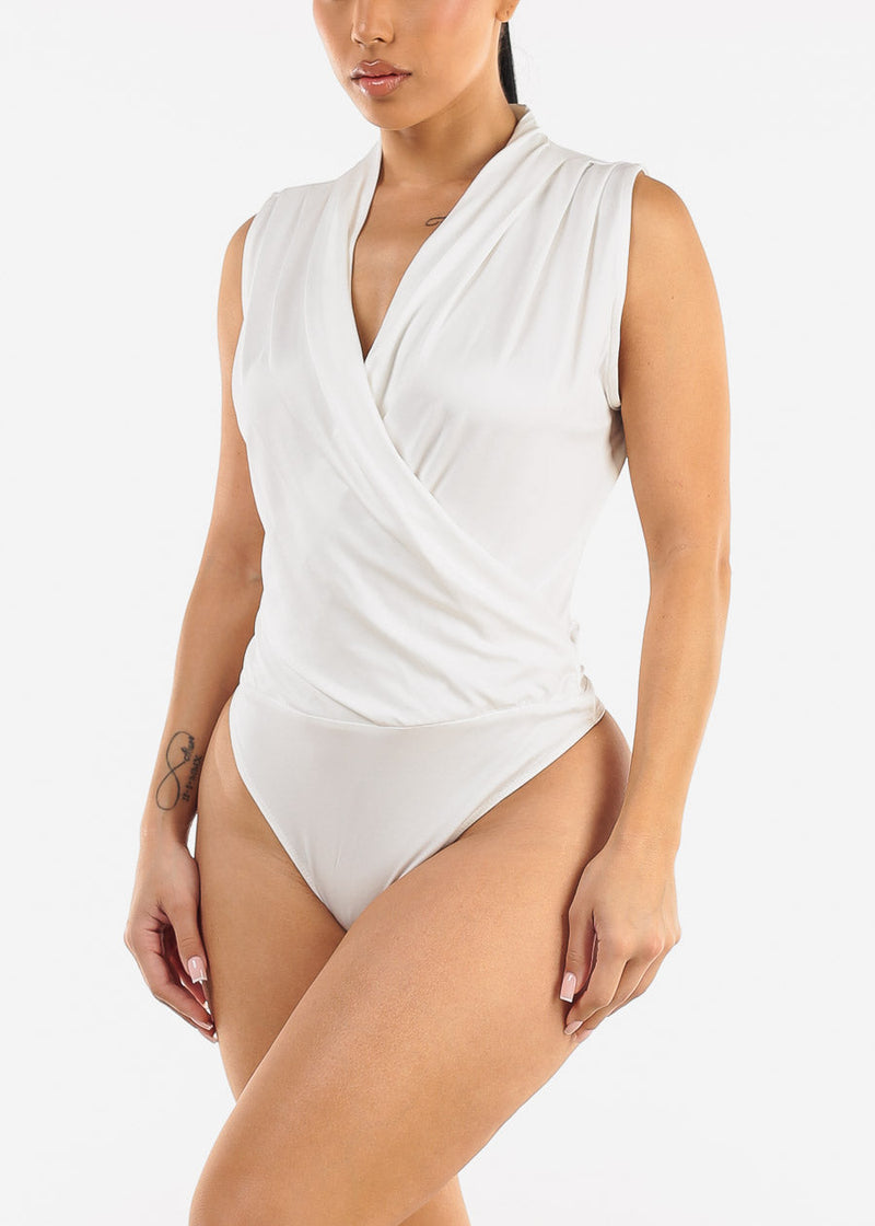 Stretchy Sleeveless Surplice Thong Bodysuit White