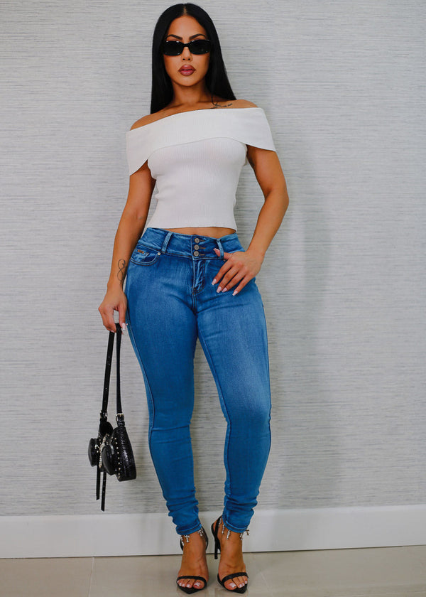 Stretchy Off Shoulder White Ribbed Top