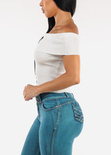 Stretchy Off Shoulder White Ribbed Top