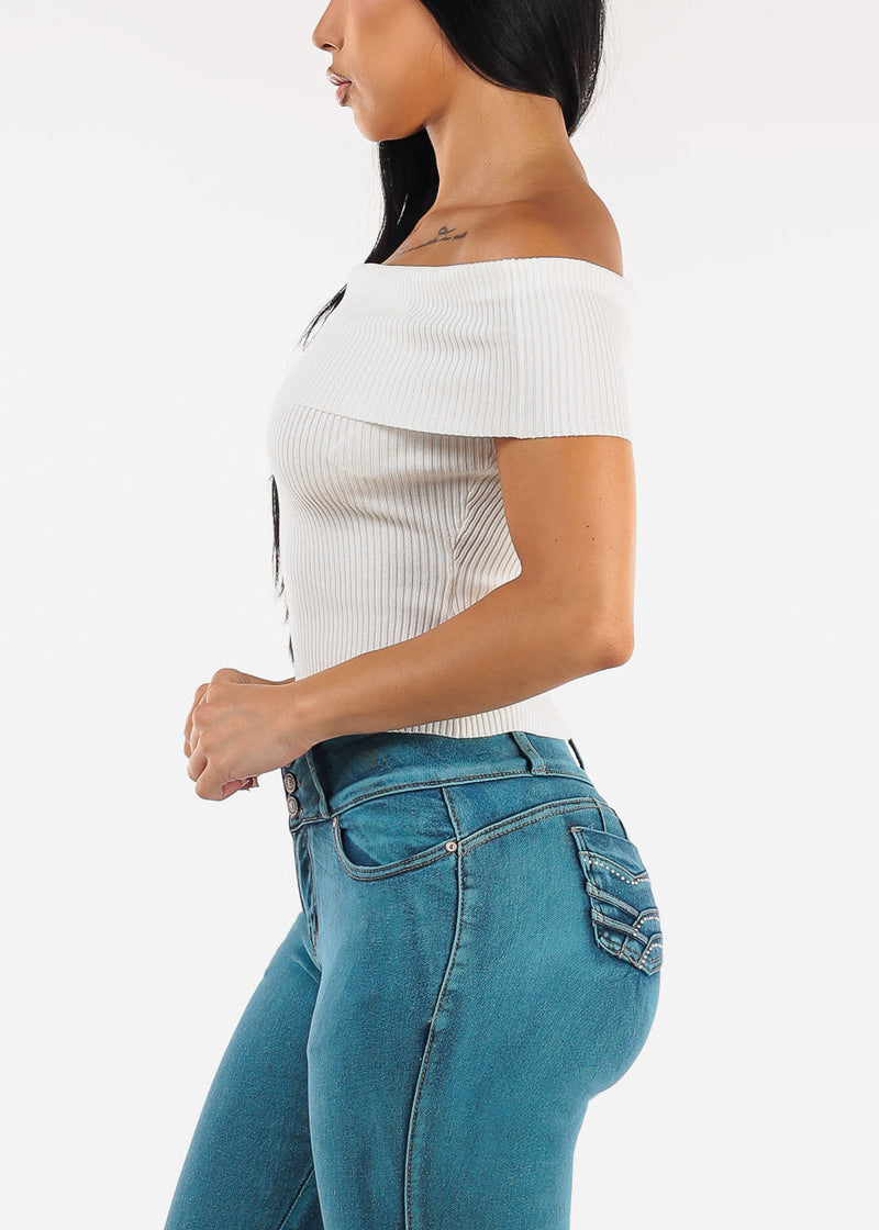 Stretchy Off Shoulder White Ribbed Top