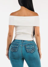 Stretchy Off Shoulder White Ribbed Top