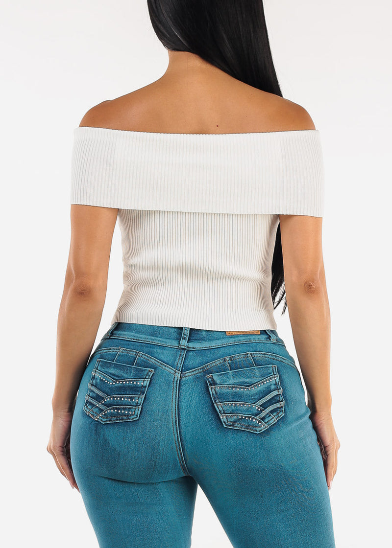 Stretchy Off Shoulder White Ribbed Top