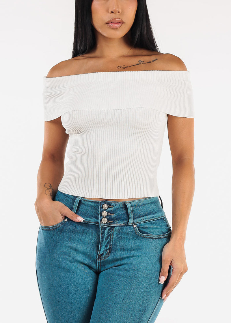 Stretchy Off Shoulder White Ribbed Top