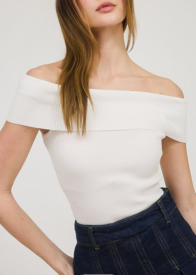 Stretchy Off Shoulder White Ribbed Top