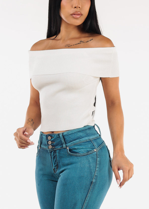Stretchy Off Shoulder White Ribbed Top