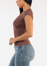 Short Sleeve Stretchy Ribbed Top Brown