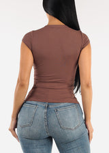 Short Sleeve Stretchy Ribbed Top Brown