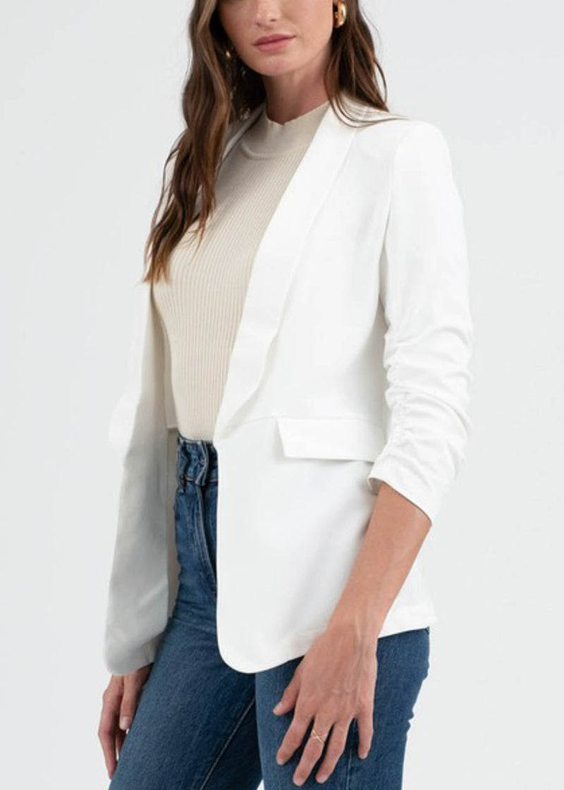 Quarter Sleeve Open Front White Blazer