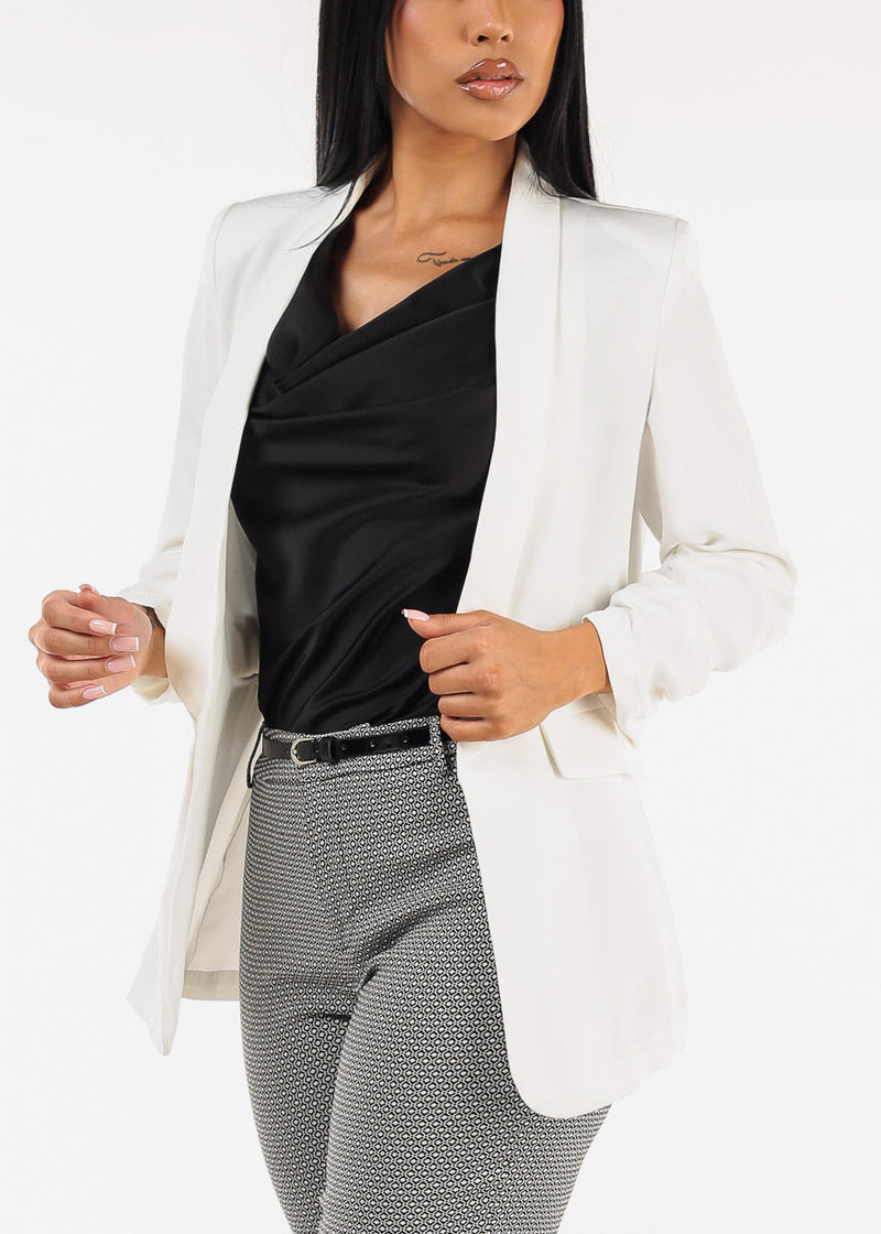 Quarter Sleeve Open Front White Blazer