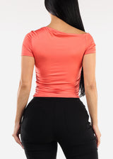 Asymmetrical Neckline Ruched Top Coral