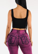 Sleeveless Square Neck Black Stretchy Crop Top