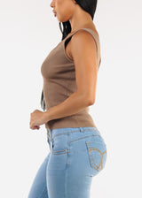 Stretchy Sleeveless Vneck Ribbed Top Taupe
