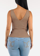 Stretchy Sleeveless Vneck Ribbed Top Taupe
