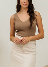 Stretchy Sleeveless Vneck Ribbed Top Taupe