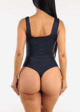 Stretchy Sleeveless Square Neck Thong Bodysuit Navy