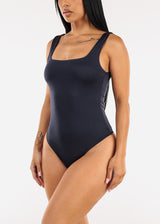 Stretchy Sleeveless Square Neck Thong Bodysuit Navy