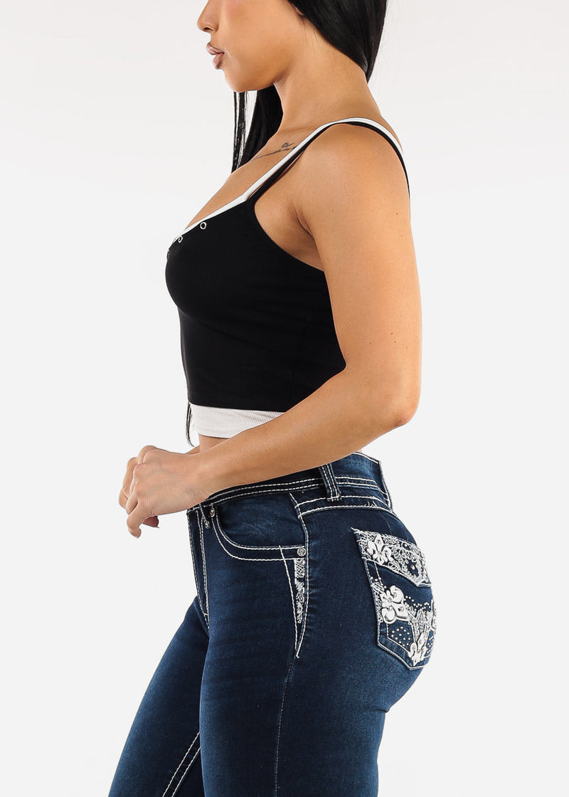 Sleeveless Vneck Layered Stretch Crop Top Black