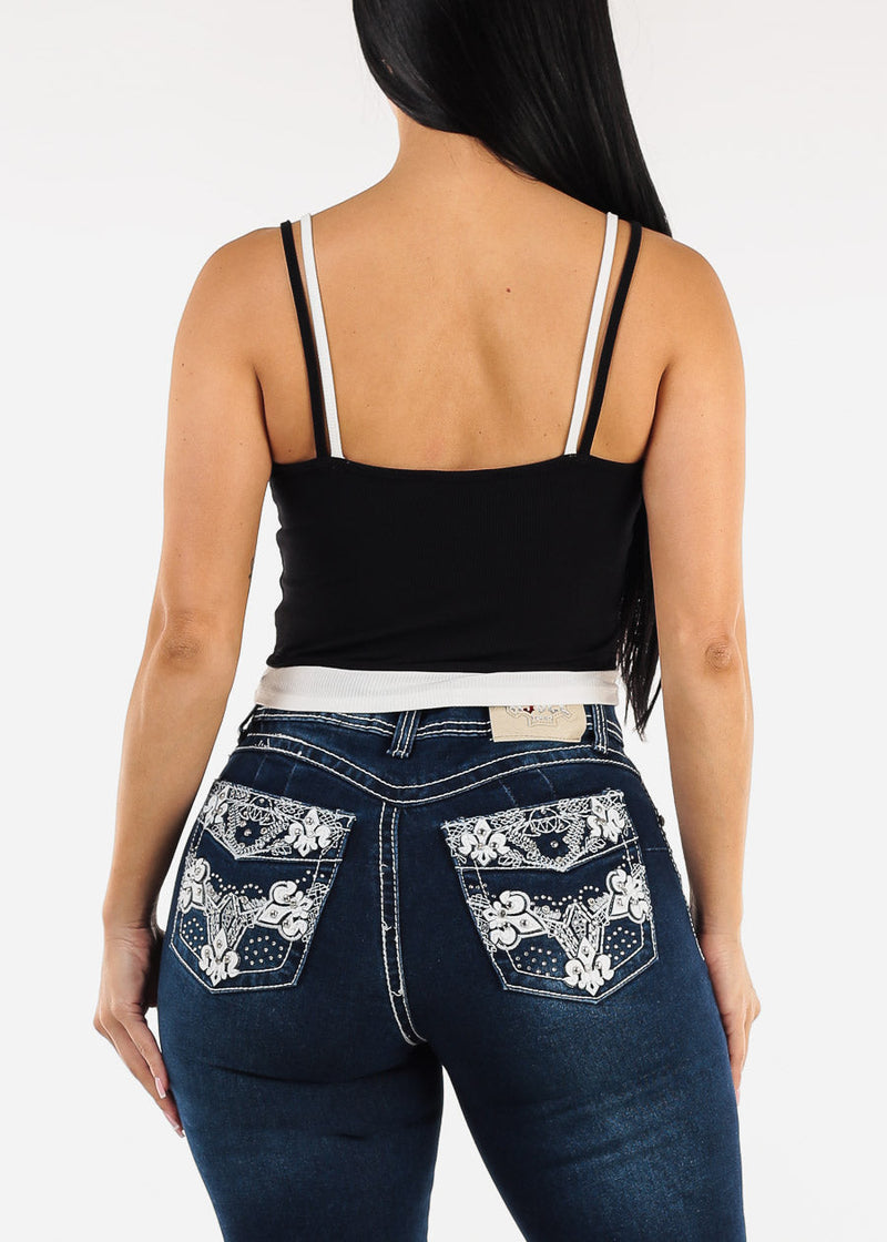 Sleeveless Vneck Layered Stretch Crop Top Black