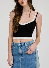 Sleeveless Vneck Layered Stretch Crop Top Black