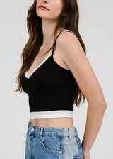 Sleeveless Vneck Layered Stretch Crop Top Black