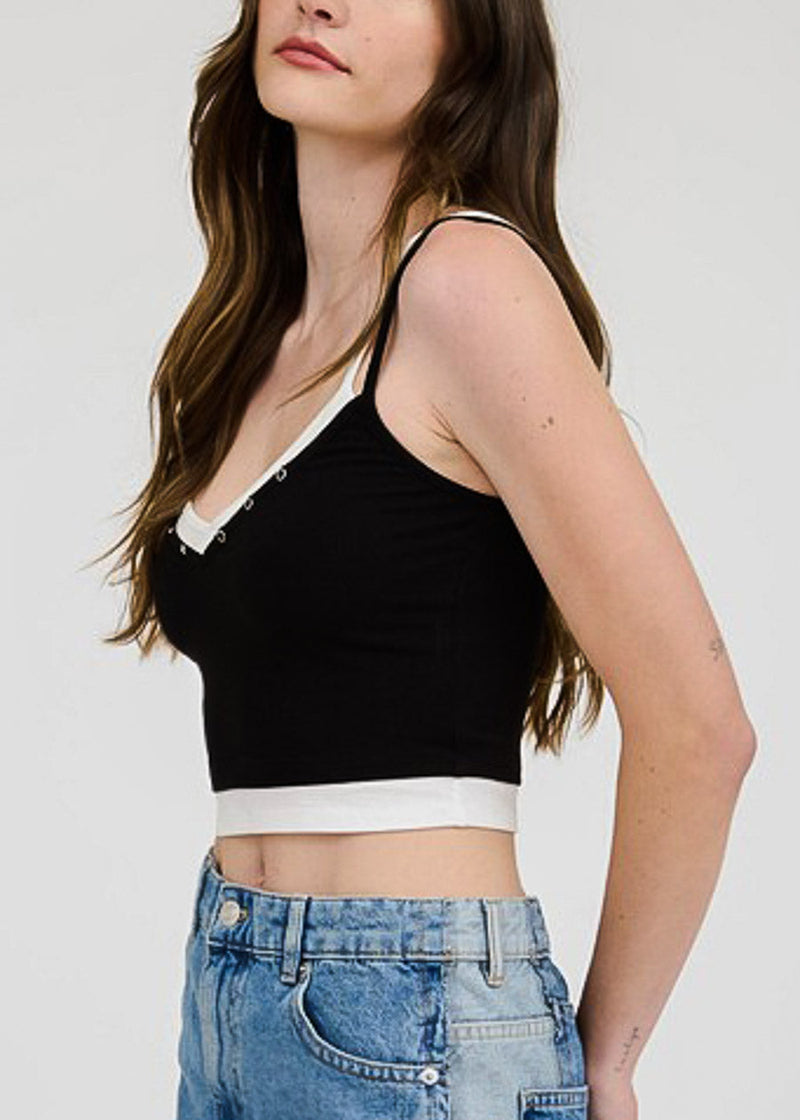 Sleeveless Vneck Layered Stretch Crop Top Black