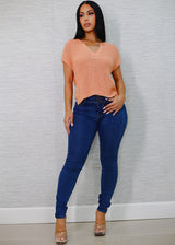 Short Sleeve Split Neck Knitted Top Peach