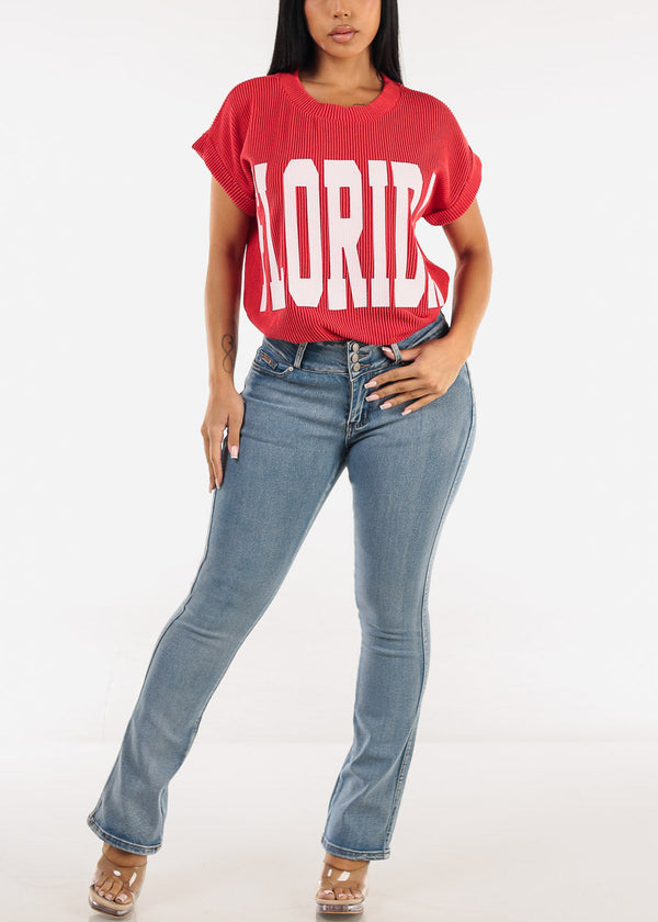 Short Sleeve Sweater Knit Graphic Tee Red "Florida"