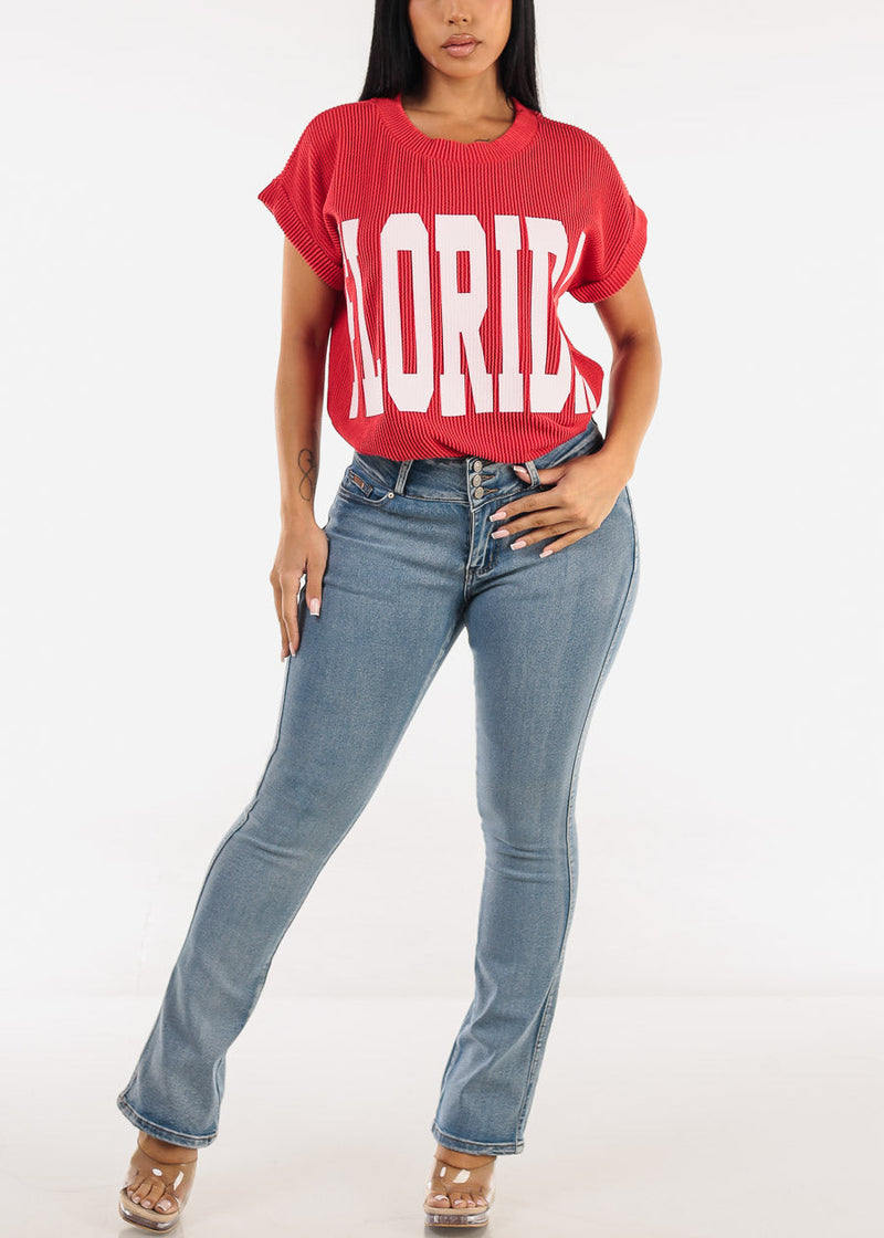 Short Sleeve Sweater Knit Graphic Tee Red "Florida"